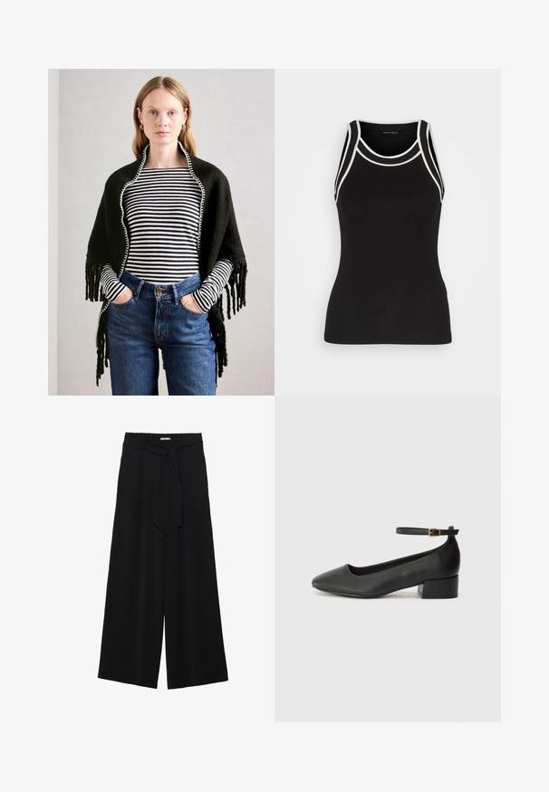 Woman with light hair wears black shawl over black and white striped long-sleeve top and high-waisted blue jeans, hands in pockets.; Black ribbed tank top with white accent trim. Features a round neckline and racerback design. Made from a stretchy fabric for comfort.; Black wide-leg pants featuring a textured fabric, an elastic waistband, and a detachable sash tie at the waist for adjustable fit.; Black leather pump with a pointed toe and a low block heel. Features an ankle strap with a gold-tone buckle. Smooth texture.