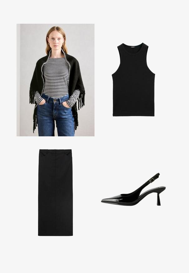 Žena se světlými vlasy má na sobě černý šál přes dlouhý pruhovaný top s dlouhým rukávem a vysokými modrými džínami, ruce v kapsách.; Černý žebrovaný top s kulatým výstřihem a širokými průramky. Vyroben z měkkého, elastického materiálu. Jednoduchý, přiléhavý design.; Černá midi sukně vyrobená z hladké tkaniny s rovnými liniemi, s pasem a dvěma předními kapsami. Minimalistický design bez vzorů.; Černé lakované kožené lodičky na podpatku s špičatou špičkou, výřezy na stranách, nastavitelným páskem kolem kotníku a tenkým, elegantním podpatkem.