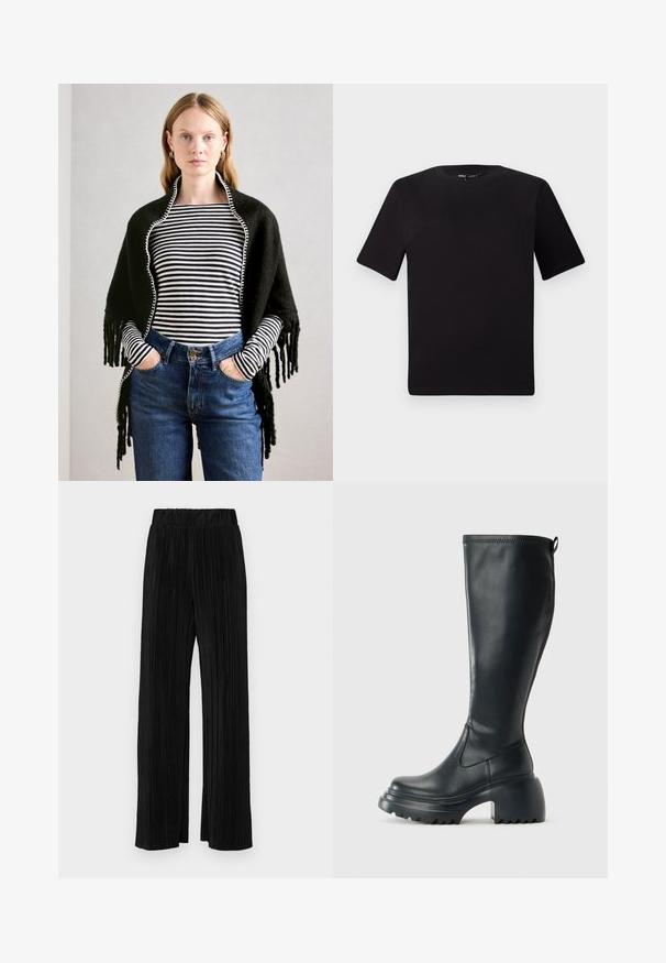 Frau mit hellen Haaren trägt einen schwarzen Schal über einem schwarz-weiß gestreiften Langarmoberteil und hochgeschnittenen blauen Jeans, die Hände in den Taschen.; Schwarzes T-Shirt mit kurzen Ärmeln und Rundhalsausschnitt, aus weichem Baumwollmaterial gefertigt. Schlichtes Design, keine sichtbaren Logos oder Muster.; Schwarze plissierte Hose mit elastischem Bund. Verfügt über weite Hosenbeine und einen glatten, strukturierten Stoff mit vertikalen Streifen.; Hoher schwarzer Lederstiefel mit einer robusten Plateausohle und Blockabsatz, der über eine Zuglasche und ein strukturiertes Profil an der Außensohle verfügt.