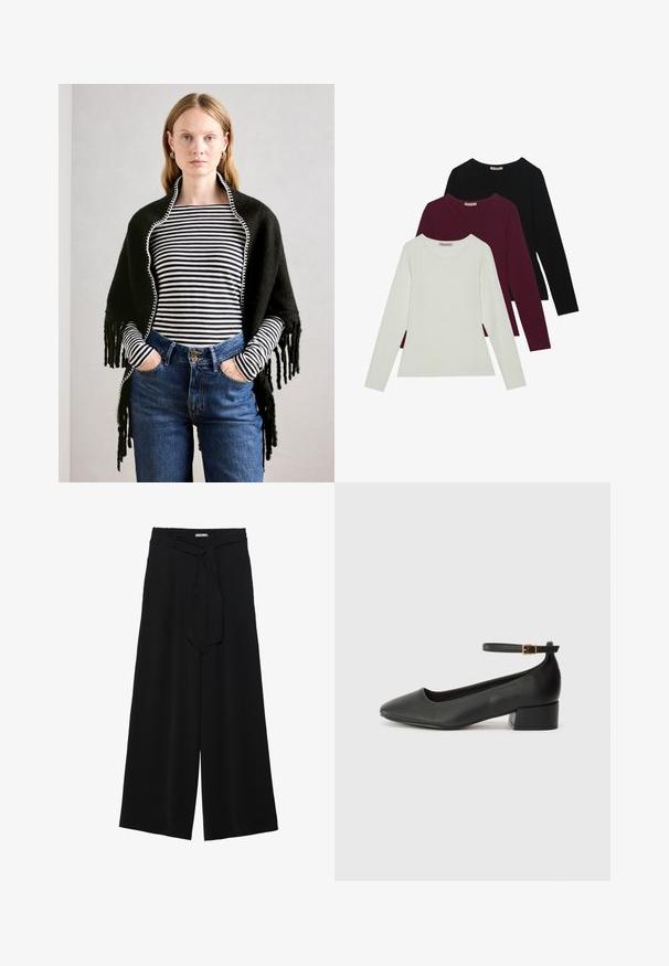 Kvinde med lyst hår iført sort sjal over sort-hvid stribet langærmet top og højtaljede blå jeans, hænderne i lommerne.; Langærmede T-shirts i hvid, bordeaux og sort. Lavet af blødt stof med rund halsudskæring og tætsiddende design. Velegnet til lag-på-lag.; Sorte vide bukser i en tekstureret stofkvalitet, med elastisk talje og et aftageligt bånd i taljen for justerbar pasform.; Sorte læderpumper med spids tå og en lav blokhæl. Har en ankelrem med en guldfarvet spænde. Glat tekstur.