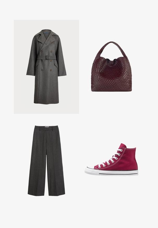 Polo Ralph Lauren - Prochowiec; Szary, krótki t-shirt z krótkim rękawem wykonany z miękkiego, teksturowanego materiału; charakteryzuje się klasycznym okrągłym dekoltem i luźnym krojem bez wzorów czy logo.; Spodnie o szerokich nogawkach w ciemnoszarym kolorze. Posiadają dopasowany pasek w talii z szlufkami, gładką fakturę oraz minimalistyczne akcenty w postaci szwów.; Wysokie trampki z burgundowej kanwy z białymi sznurowadłami, gumowym noskiem i czarną linią wzdłuż podeszwy. Teksturowane szwy podkreślają design.; Torebka w kolorze burgundowym, pleciona, o zaokrąglonym kształcie i pojedynczym uchwycie, z teksturowaną powierzchnią oraz elastycznym zaciąganym zapięciem.