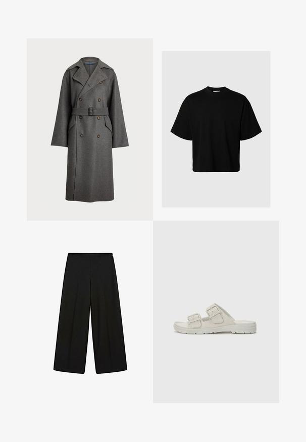 Polo Ralph Lauren Trenčkot - gray; Černé tričko s krátkým rukávem a kulatým výstřihem, mírně napasované, vyrobené z hladké tkaniny, bez viditelných vzorů nebo akcentů.; Černé široké kalhoty vyrobené z jemné tkaniny, s vysokým pasem a skládanými detaily, hladkého povrchu a bez viditelných ozdob.; Svetle šedé sandály s dvojitými nastavitelými pásky, plochou podrážkou, měkkým materiálem, minimalistickým designem a žádnými viditelnými ozdobami.