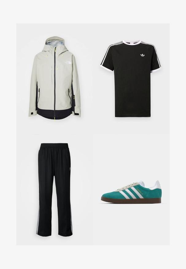 The North Face CEPTOR JACKET - Snowboardjacka - clay grey/black; Svart t-shirt i bomull med vita detaljer. Har korta ärmar, raglan-design och en liten logotyp på bröstet. Tre vita ränder på axlarna.; Svarta träningsbyxor med elastisk midja, med vita sidostreck och en liten logotyp. Materialet verkar mjukt och lätt.; adidas Originals ADIDAS GAZELLE SHOES - Inomhusfotbollsskor - liverpool fc/sea green/footwear white