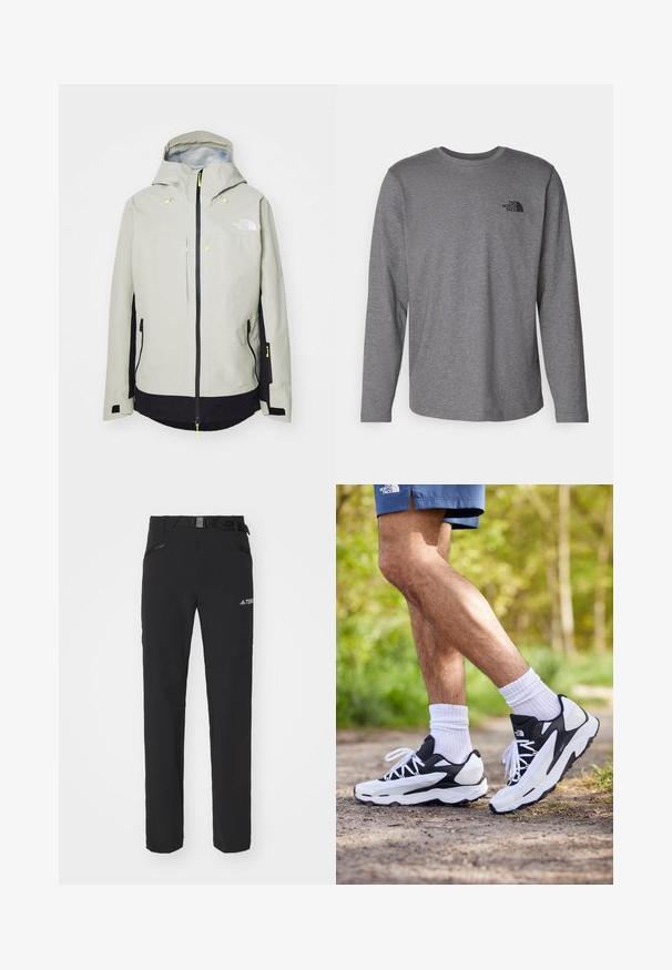 The North Face CEPTOR JACKET - Snowboardjacke - clay grey/black; The North Face M L/S SIMPLE DOME TEE - Langarmshirt - medium grey heather; Schwarze Outdoor-Hosen aus glattem Stoff, mit seitlichen Reißverschlusstaschen, verstärkten Kniepartien und einem verstellbaren Bund mit Schnalle.; Schwarz-weiße Sportschuhe mit einem Obermaterial aus Mesh, strukturierten Akzenten und weißen Schnürsenkeln. getragen mit weißen Knöchelsocken und dunkelblauen Shorts auf einem Weg.