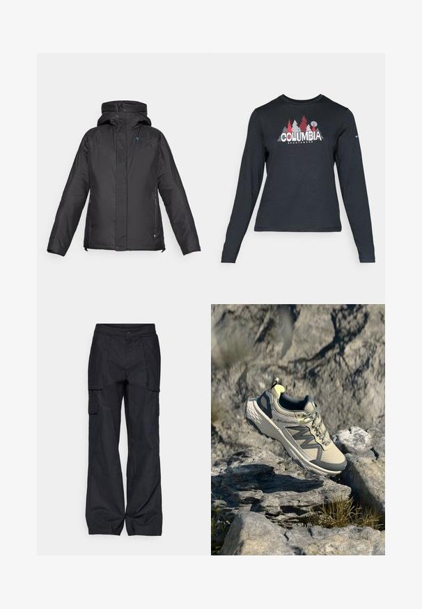 Juoda izoliacija striukė su kapišonu, turinti tekstūruotą panelę ant krūtinės, šonines kišenes ir priekinį užtrauktuką, pagaminta iš patvarios medžiagos.; Ilga rankovė tamsiai pilka marškinėliai su raudonų medžių ir kalnų grafika; drąsaus baltos spalvos teksto "COLUMBIA" logotipas. Minkšta medžiaga, standartinis apvalus kaklas.; Columbia BREA FALLS™ COTTON RIPSTOP PANT - Lauko kelnės - black; Kolumbijos bėgimo takais skirta avalynė šviesiai smėlinės ir pilkos spalvos. Audinys su oro pralaidumu, tekstūruotu paviršiumi, guminis padas ir atspindintys akcentai. Lengvas dizainas.