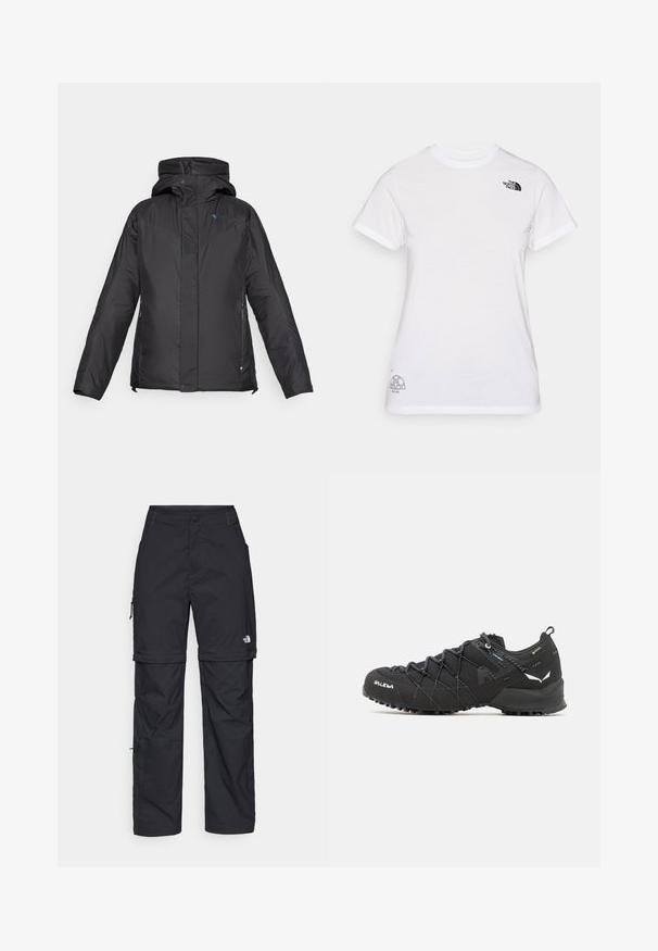 Črna izolirana jakna s kapuco, z teksturiranim delom na prsih, stranskimi žepi in sprednjim zadrgo, izdelana iz trpežnega materiala.; Bela bombažna majica z črnim logotipom na levem prsnem delu in sivo grafiko v spodnjem desnem kotu. Klasičen kroj s kratkimi rokavi in okroglim izrezom.; Črne najlon hlače z zipom, ki se lahko odstranijo, s prilagodljivimi manšetami, več žepi in logotipom na desni nogi. Gladka, lahka tekstura.; Črne pohodniške čevlje z teksturiranim zgornjim delom iz blaga, sistemom vezalk in trdnim gumijastim podplatom. Opremljeni so z odsevnimi detajli in logotipi.