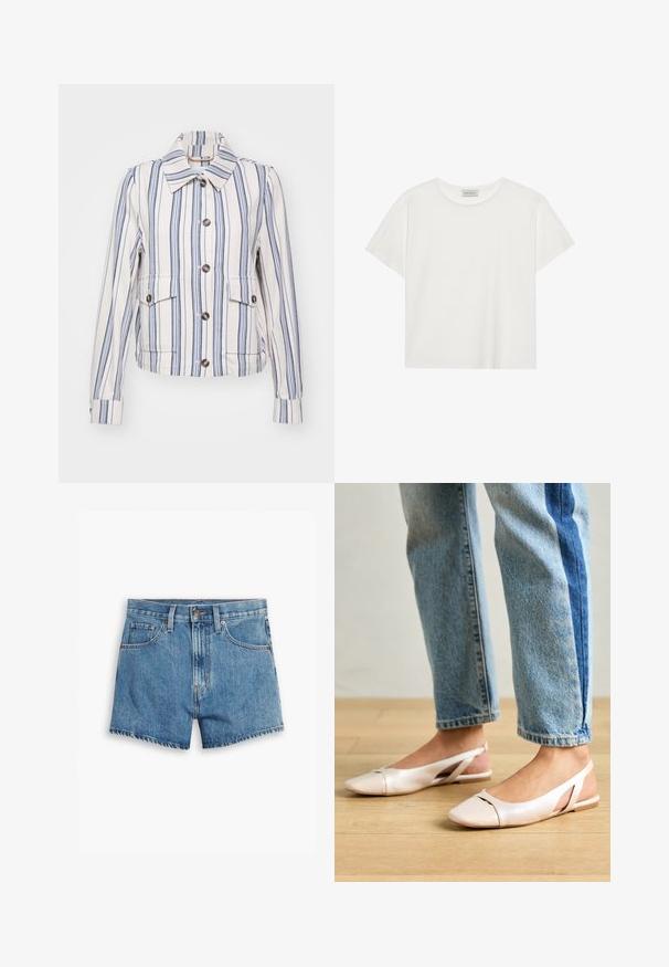 Paski, krótka kurtka w kolorze kremowym i granatowym. Posiada kołnierz, zapięcie na guziki z przodu oraz dwie kieszenie z klapkami. Teksturowana tkanina.; Biała koszulka z krótkim rękawem wykonana z miękkiej bawełny. Posiada okrągły dekolt i luźny krój. Czysty design bez widocznych wzorów czy akcentów.; Jasnoniebieskie szorty dżinsowe z pięcioma kieszeniami, z zamkiem błyskawicznym i zapięciem na guzik. Rant jest postrzępiony, a krój jest luźny.; Jasnoróżowe baleriny na odkrytej pięcie z wąskim noskiem, wykonane z gładkiego materiału imitującego skórę. Posiadają wycięcia po bokach oraz płaski obcas.