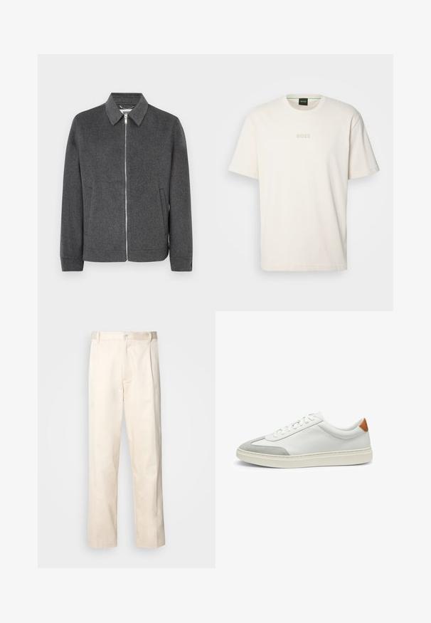 Gray wool zip-up jacket with a collar, long sleeves, side pockets, and a solid texture. Features a silver zipper and logo label inside.; BOSS TEE - Basic T-shirt - open white; Beige cotton trousers with a straight-leg cut, featuring a button closure and pleats at the front for added detail.; White leather sneakers with gray suede accents and a tan leather heel tab. Features a textured surface and lightweight sole.