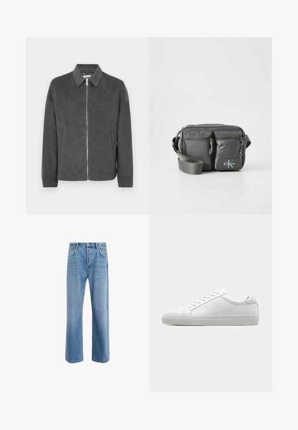 Harmaa villainen vetoketjullinen takki, jossa on kaulus, pitkät hihat, sivutaskut ja yhtenäinen kangas. Varustettu hopeisella vetoketjulla ja logotunnisteella sisäpuolella.; Pitkähihaiset, korkea kauluksellinen paita vaaleasta kermaisen värisestä puuvillasta. Sileä pinta, rento malli, minimalistinen muotoilu, ei näkyviä kuvioita tai yksityiskohtia.; Vaaleansiniset farkut suoranlahkeisella muotoilulla, viisi taskua, nappisuljenta, vähäinen kuluminen ja kontrastiväriset ompeluyksityiskohdat.; Valkoinen tennari, jossa on sileä nahkapäällinen ja matala profiili. Ominaisuuksiin kuuluu pyöreä kärki, kuusi rei'itystä ja teksturoitu kumipohja.; Harmazin väri nylonista valmistettu ristikassina, jossa on kaksi vetoketjullista etutaskua, säädettävä hihna ja logoakseli. Sileä rakenne ja moderni muotoilu.