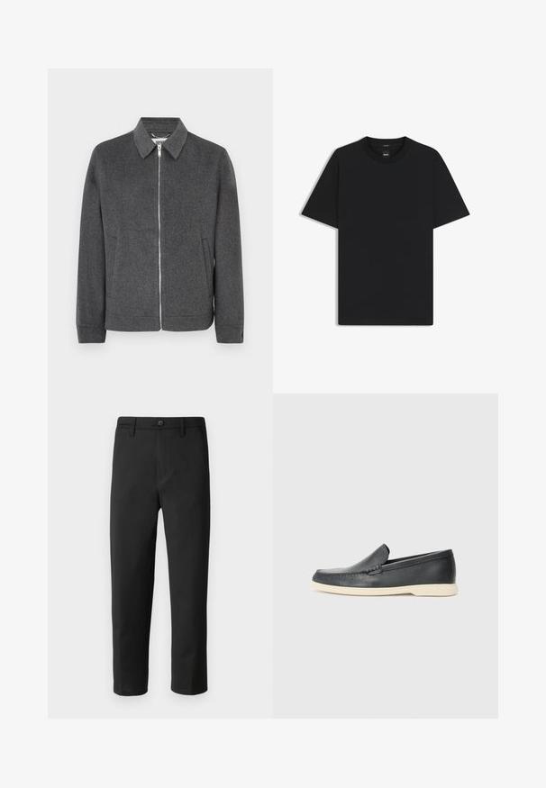 Graue Wolljacke mit Reißverschluss, Kragen, langen Ärmeln, Seitentaschen und strukturierter Oberfläche. Verfügt über einen silbernen Reißverschluss und ein logostickendes Etikett im Inneren.; Schwarz T-Shirt mit kurzen Ärmeln aus einem glatten Baumwollmix, mit Rundhalsausschnitt und einem minimalistischen Design ohne Muster oder Akzente.; Schwarze Hose mit geradem Schnitt, aus glattem Stoff gefertigt. Verfügt über einen Knopfverschluss und Gürtelschlaufen. Keine sichtbaren Muster oder Akzente.; Schwarze Leder-Slipper mit strukturiertem Finish und einer kontrastierenden beige Gummisohle. Mit einem dezenten Akzent an der Vorderseite.