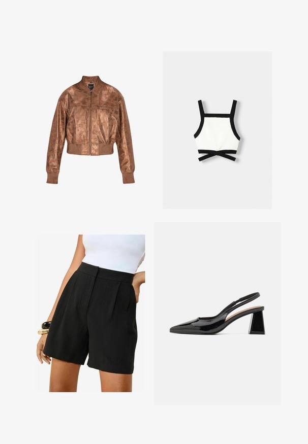 Barna bőrbomber dzseki, cropped fazonban, bordázott mandzsettákkal és cipzáras elülső részével. Simán textúrával és diszkrét fénylő hatással rendelkezik.; Fekete-fehér sportmelltartó állítható pántokkal, testhez simuló kialakítással és keresztpántos hátrésszel. Rugalmas, texturált anyagból készült.; Friends Like These REGULAR FIT - TAILORED ELASTIC BACK - Rövidnadrágok - black; Fekete lakk slingback magassarkú cipők hegyes orral, egyedi geometriai blokksarkukkal és sima felülettel. Állítható pánt a támogatás érdekében.