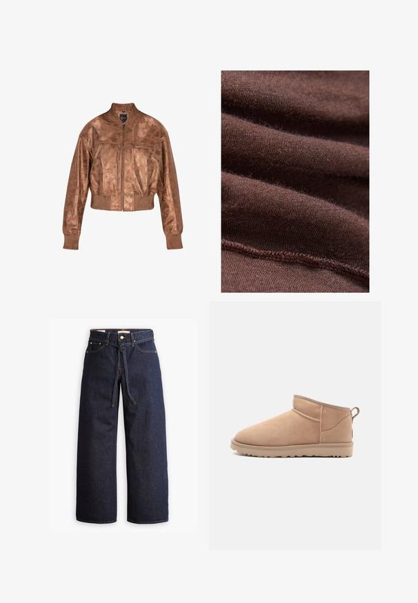 Hnědá kožená bombardérka s cropped designem, žebrovanými manžetami a zipovým zapínáním. Má hladkou texturu a jemný lesk.; Hnědá tkanina s jemnou texturou, se subtilním, hustě tkaným vzorem. Švy jsou viditelné podél okrajů.; Široké tmavě modré džíny se zvýšeným pasem, opatřené stahovací šňůrou, pěti kapsami a kontrastním prošíváním.; Béžové semišové kotníkové boty s zaoblenou špičkou, jemnou texturou, jednoduchým designem a nízkou gumovou podrážkou. Disponují poutkem na zadní straně.