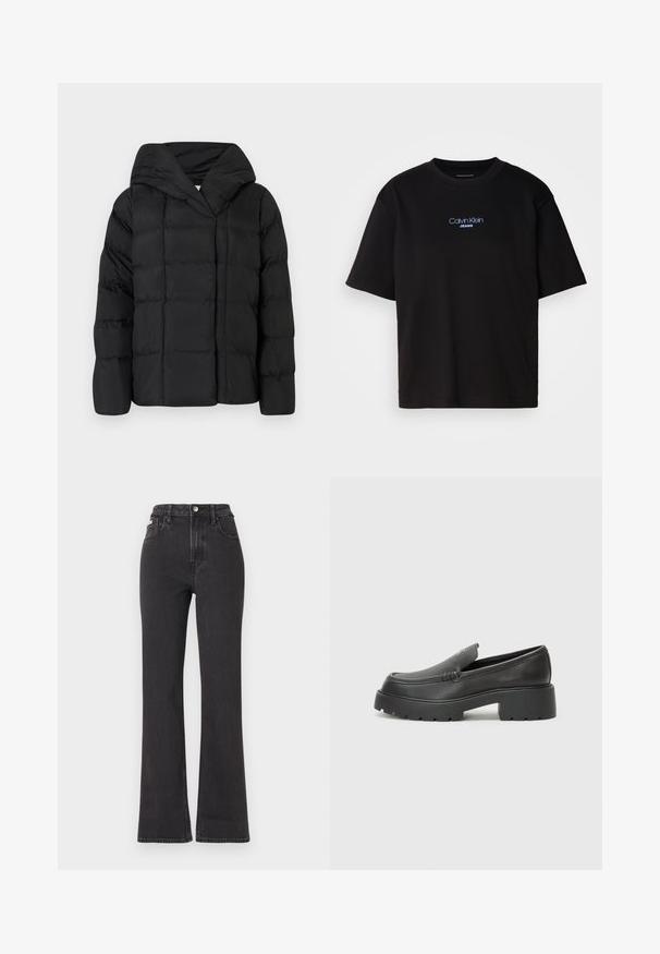 Melnā pūkņu jakas ar kapuci, ar kvadrātu tekstūru un pārspīlētu siluetu. Mīksta auduma ar priekšējo aizdari un minimālistisku dizainu.; Melna kokvilnas T-kreklu ar apaļu kaklu, īsām piedurknēm un zilu izšūtu "Calvin Klein JEANS" logo priekšpusē.; Melnas augstā jostasvietā plati izgrieztas džinsus no denima, ar pogu aizdari, jostas cilpām un sānu kabatām. Gluda tekstūra ar minimālu izbalēšanu.; Melnas ādas mokasīni ar noapaļotu purngalu, biezs teksturēts zoles un minimālas dūriena detaļas. Gluds dizains bez redzamām auklām vai metāla elementiem.