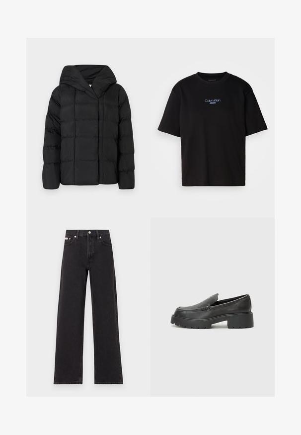 Sort pufferjakke med hætte, der har en quiltet tekstur og oversized silhuet. Blødt stof med frontlukning og minimalistisk design.; Sort bomulds t-shirt med rund hals, korte ærmer og blåt broderet "Calvin Klein JEANS" logo på fronten.; Sorte vidde jeans lavet af denim, med høj talje, fem-lomme stil og en metalknap lukning med kontrasterende syninger.; Sorte læder loafers med rund tå, tyk tekstureret sål og minimale syninger. Elegant design uden synlige snørebånd eller hardware.