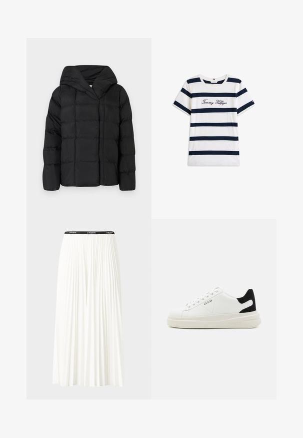 Crna puffer jakna s kapuljačom, s dekorativnim šavovima i oversized siluetom. Mekani materijal s prednjim zatvaranjem i minimalističkim dizajnom.; Pamučna majica s horizontalnim tamnoplave pruge na bijeloj pozadini. "Tommy Hilfiger" izvezeno kurzivom na prsima. Okrugli izrez.; Nabrana bijela suknja s crnim elastičnim pojasom na kojem se nalazi logo "LACOSTE". Srednje dugačak dizajn s mekim teksturom.; Bijele kožne tenisice s debelim bijelim potplatom, crnim zamšastim akcentom na peti i ugraviranim logom sa strane. Dizajn s vezicama i šest rupa za vezivanje.