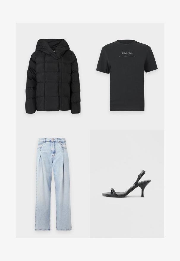 Mustahdin musta takki hupulla, jossa on tikattu rakenne ja ylisuurta siluettia. Pehmeä kangas, etuosan kiinnitys ja minimalistinen muotoilu.; Musta puuvillainen T-paita, jossa on pyöreä pääntie, lyhyet hihat ja valkoinen painettu "Calvin Klein" -logo sekä "Established 1968" -teksti.; Vaaleansiniset farkut, joissa on korkea vyötärö, leveälahkeinen leikkaus, kaksi sivutaskua ja pleatattu muotoilu. Pehmeä rakenne, jossa on haalistunut viimeistely.; Mustat nahkaiset korkokengät, joissa on hoikka, kaareva korko ja ristiin menevä hihnadesign. Säädettävä nilkkahihna. Silkkinen pinta.