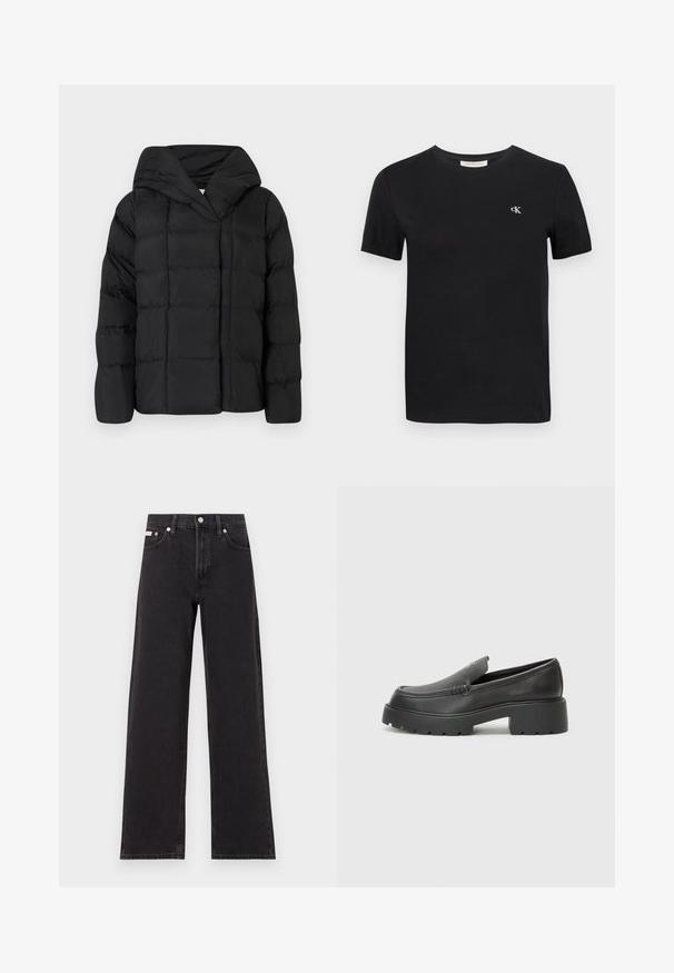 Schwarze Daunenjacke mit Kapuze, versehen mit einer gesteppten Textur und übergroßem Schnitt. Weicher Stoff mit Vorderverschluss und minimalistischen Design.; Schwarzes Baumwoll-T-Shirt mit klassischem Rundhalsausschnitt, kurzen Ärmeln und einem kleinen weißen gestickten "ck"-Logo auf der Brust.; Schwarze weit geschnittene Jeans aus Denim mit einem hoch sitzenden Bund, fünf Taschen und einem Metallknopfverschluss mit kontrastierendem Nähte.; Schwarze Lederloafer mit einer abgerundeten Spitze, dicker strukturierten Laufsohle und minimalen Nähten. Schlankes Design ohne sichtbare Schnürsenkel oder Beschläge.