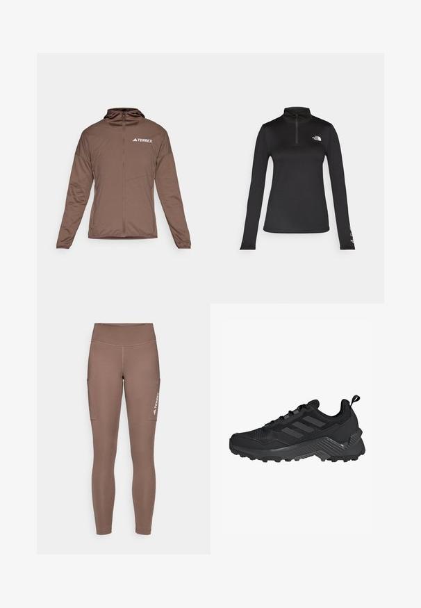 Barna cipzáras dzseki hosszú ujjal, elöl cipzáras záródással és kapucnival. Simább felülettel rendelkezik, és a mellkason fehér "TERREX" logó található.; The North Face FLEX 1/4 ZIP GRAPHIC - Hosszú ujjú felső - black; Barna sport leggings magas derékkal, oldalsó zsebekkel és fehér logóval. Sima, rugalmas anyag a kényelem és a mozgás szabadsága érdekében.; Fekete sportcipő, hálós felsőrésszel, háromcsíkos dizájnnal, formázott sarokkal és masszív talppal, kiemelkedő tapadási gombokkal.