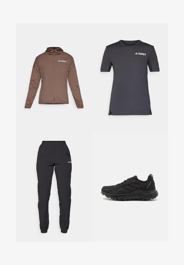 Ruda zip-up striukė su ilgomis rankovėmis, priekiniu užtrauktuku ir gobtuvu. Turi lygią tekstūrą ir baltą "TERREX" logotipą ant krūtinės.; Tamsiai pilka trumpomis rankovėmis marškinėliai, pagaminti iš lengvos medžiagos, su apvaliu kaklu ir baltu TERREX logotipu ant krūtinės.; Juodos vandeniui atsparios kelnės su elastinga juostele, užtrauktukais šoninėse kišenėse, siaurėjančiomis kojomis ir raibėmis ant kulkšnies. Su logotipo akcentais.; Juodos sportinės bateliai su tekstūruota sintetine viršutine dalimi, surišimo sistema su raišteliais, storu guminiu padu ir diskretiškais logotipų akcentais šone ir kulne.