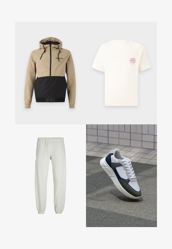 Kapütsi jaotusega jakk, millel on beež ülaserv ja must alumine paneel, valmistatud siledast materjalist, millel on reguleeritavad nöörid ja eesmine lukustus.; Valge lühikeste varrukatega T-särk, millel on vasakul rinnal punane tekst "Studio Originals Edition", esitatud neutraalsel hallil taustal.; Valged trennipüksid, mis on valmistatud pehmest kangast, elastse vöökoha ja mansettidega, sileda tekstuuri ja lõdva lõikega.; Valge, mereväe sinine ja hall spordijalats, millel on segatud materjalide disain, tekstureeritud ülemine osa, lame pael ja pehme talla.