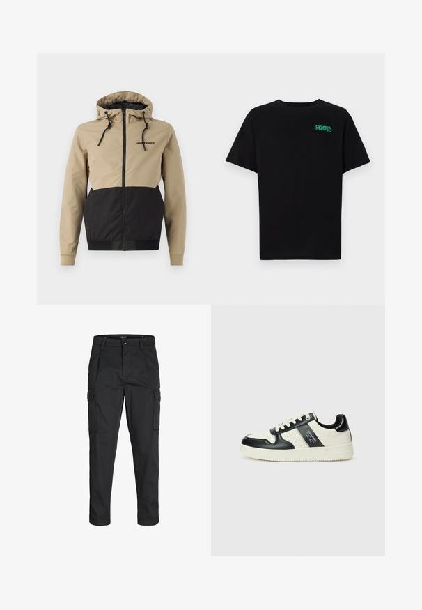 Hooded jacket featuring a beige upper and black lower panels, made of smooth material with drawstrings and a front zipper.; Black t-shirt made of cotton with short sleeves. Features a green "ROOTS" logo on the front, round neckline, and standard fit.; Black cargo pants made of sturdy fabric, featuring multiple pockets, a button closure, and a slim fit design with tapered legs.; Leather sneakers with a black and cream color scheme, featuring perforated accents, a padded collar, and a textured outsole.