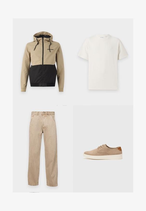 Kapuzenjacket mit beigem Oberteil und schwarzen unteren Einsätzen, aus glattem Material mit Kordelzügen und einem Vorderreißverschluss.; Weißes T-Shirt mit kurzen Ärmeln in gerippter Textur. Runder Ausschnitt, lockere Passform, keine sichtbaren Muster oder Akzente. Einfaches und vielseitiges Design.; Beige Denim-Jeans mit geradem Beinschnitt, ausgestattet mit Vordertaschen, einem Metallknopfverschluss und feiner Textur.; Beige Wildleder-Sneaker mit runder Zehenpartie, Schnürung und strukturiertem Rückenteil. Die weiße Gummisohle sorgt für einen Kontrast. Einfaches und modernes Design.