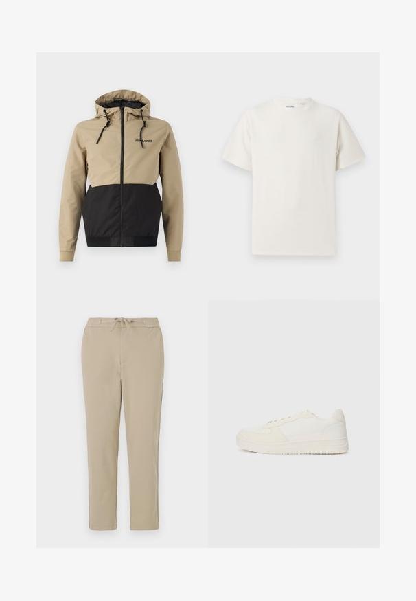 Kapütsi jaotusega jakk, millel on beež ülaserv ja must alumine paneel, valmistatud siledast materjalist, millel on reguleeritavad nöörid ja eesmine lukustus.; Valge lühikeste varrukatega T-särk ribakudumises. Ümar kaelus, mugav lõige, nähtavad mustrid ega aksessuaarid puuduvad. Lihtne ja mitmekesine disain.; Beežid vabaaja püksid elastse vöökohtaga ja paelaga, sirge sääre disainiga ning pehme, sile tekstuuriga.; Valged sneake'rid sujuva nahk-ülaosaga ja sametiste detailidega. Varustatud aukudega varbaosa, lapikute paelte ja tekstuurse detailiga kummist tallaga.