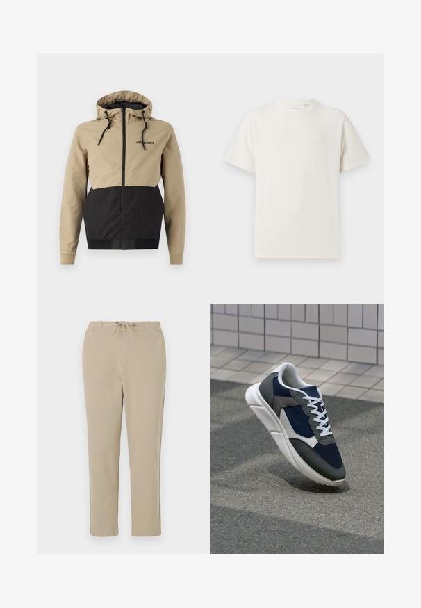 Kapütsi jaotusega jakk, millel on beež ülaserv ja must alumine paneel, valmistatud siledast materjalist, millel on reguleeritavad nöörid ja eesmine lukustus.; Valge lühikeste varrukatega T-särk ribakudumises. Ümar kaelus, mugav lõige, nähtavad mustrid ega aksessuaarid puuduvad. Lihtne ja mitmekesine disain.; Beežid vabaaja püksid elastse vöökohtaga ja paelaga, sirge sääre disainiga ning pehme, sile tekstuuriga.; Sneaker, mille sinine võrkkangas, hallid nubukdetailid, valge kummitald ja lamedad valged paelad, disainitud mugavuseks ja hingavuseks.