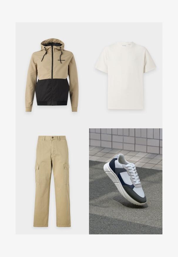 Jakna s kapuljačom koja ima bež gornji deo i crne donje panele, izrađena od glatkog materijala s vezicama i prednjim zipom.; Bijela kratka majica s kratkim rukavima u rebrastoj teksturi. Okrugli izrez, ležeran kroj, bez vidljivih uzoraka ili akcenta. Jednostavan i svestran dizajn.; Bež cargo hlače izrađene od pamuka, s dva bočna džepa, zatvaranjem na gumb i ravnim nogavicama od blago teksturirane tkanine.; Bijela, mornarsko plava i siva tenisica s dizajnom od miješanih materijala, koja ima teksturirani gornji dio, ravne vezice i udoban đon.