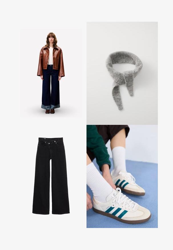 Vrouw met golvend haar, gekleed in een bruine leren jas, een witte shirt, een wijde, donkerblauwe broek met omslag, en bruine schoenen, die tegen een effen achtergrond staat.; Crème kleurige gebreide trui met een ronde hals, geribde manchetten en zoom. Zachte textuur met een iets losse pasvorm, met een eenvoudig, strak ontwerp.; Zwarte hoge taille wijde jeans met voorzakken, riemlussen en een dubbele knoopsluiting.; Witte sportschoenen met teal strepen, getextureerde bovenkant en bruine rubberen zolen. Gecombineerd met witte geribbelde sokken.; Samsøe Samsøe NOR - Sjaal - grey melange