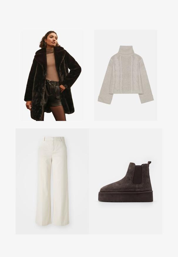 Friends Like These LONGLINE - REGULAR FIT - Zimski plašč - black; Kratka, svetlo siva pletena pulover s visokim ovratnikom in rebrastimi manšetami, ki ima strukturne kabelske vzorce po hrbtu in straneh.; Široke hlače v svetlo bež barvi, izdelane iz gladkega materiala. Imajo klasičen pas in ravno sprednjo stran z čistimi linijami.; Rjave semiš Chelsea čizme z elastičnimi stranskimi paneli in debelim, teksturiranim platformnim podplatom. Imajo zanko na peti za lažje oblačenje.