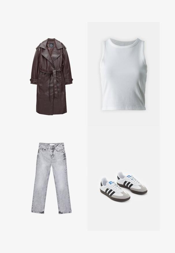 Tamno smeđi kaput od umjetne kože s širokim reverima, dvostrukim gumbima, pojasom u struku i dugmadima na manžetama na bijeloj pozadini.; Bjela rebrasta majica bez rukava s okruglim izrezom i ravnim rubom, koja ima glatku i rastezljivu teksturu.; Sive traperice s ravnim nogavicama, s detaljima trošenja, pet džepova i bakrenim zakovicama. Pojas ima oznaku s logom.; Sportske cipele s gornjištem od bijele kože, sivi suedinasti nos i tri crne pruge. Imaju plavi logo na jeziku i teksturiranu gumenu podlogu.