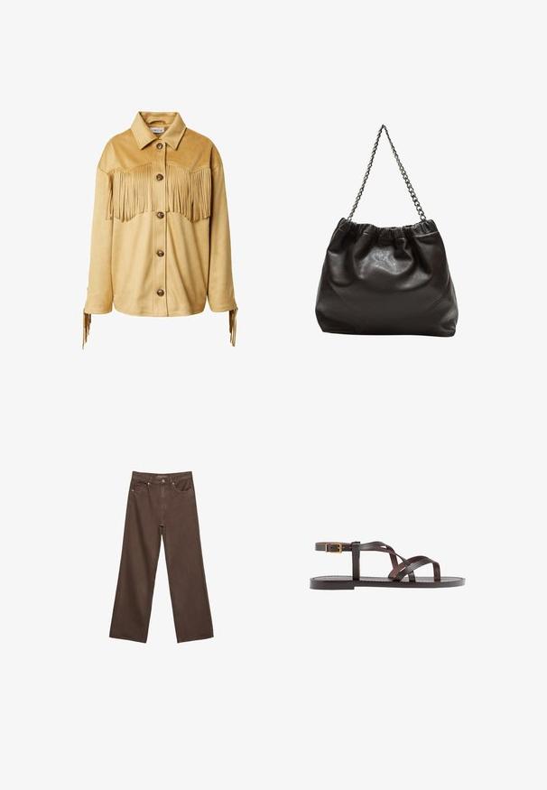 Beige Wildlederjacke mit fransigen Details über der Brust und an den Säumen, mit einem Kragen und großen braunen Knöpfen auf der Vorderseite.; Braunes, kurzärmliges T-Shirt aus weichem Material mit rundem Halsausschnitt und lockerer Passform. Keine sichtbaren Muster oder Akzente.; Weite braune Jeans aus Denim, mit hoher Taille, Fronttaschen und klassischem Knopfverschluss. Glatte Textur mit feinen Nähten.; Braune Leder-Sandale mit überkreuzten Riemen, einem Knöchelriemen mit Schnalle und einer flachen Sohle mit minimalen Nähdetails.; Braune Lederhandtasche mit gerafftem Oberteil und Kettenriemen. Glatte Textur mit glänzendem Finish und subtilen Nahtdetails an den Seiten.