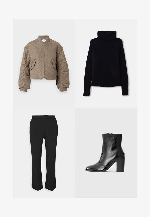 Nusidimas bomberis šviesiai rudos spalvos, su užtrauktuku, gipiūro rankovėmis ir apačia, dviem priekinėm kišenėm ir viena užtrauktuku užsegama kišene ant rankovės.; Juodas, storas mezginys su aukšta, raukšlėta kaklaskare ir ilgomis rankovėmis. Minkšta tekstūra, tiesus apatinis kraštas, be matomų raštų ar papuošimų.; Juodos pritaikytos kelnės su tiesiomis kojomis, su diržo kilpos ir šoninėmis kišenėmis. Pagamintos iš lygios medžiagos su švariu apdailu.; Juodas odinis kulkšninis batas su lygiu paviršiumi, smailiu pirštu ir masyviu aukštu kulnu. Savybė - šoninis atidarymas ir minimalistiškas dizainas.