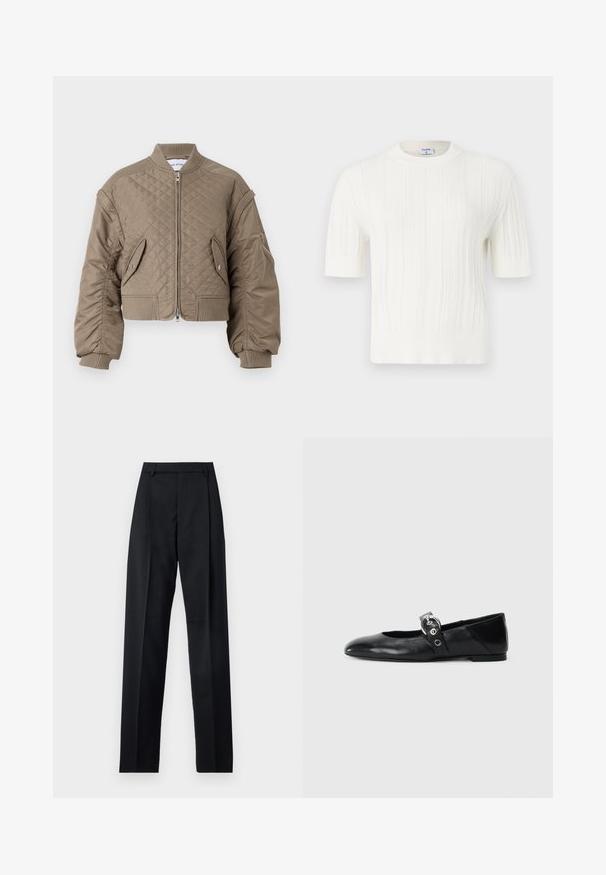 Töltött bomber dzseki világosbarna színben, cipzárral, bordás mandzsettákkal és hem, két elülső zsebbel és egy cipzáras karzsebbel.; Fehér, kötött, rövid ujjú pulóver, függőleges bordázással és kerek nyakkivágással. Puha anyagból készült, textúrált felülettel.; Fekete nadrág sima anyagból, magas derékkal, széles lábakkal, elülső redőkkel és klasszikus övhurkokkal. Oldalzsebek nem láthatók.; Fekete bőr balettcipők, hegyes orral, kör alakú fémbújtatóval ellátott pánttal és lapos talppal.