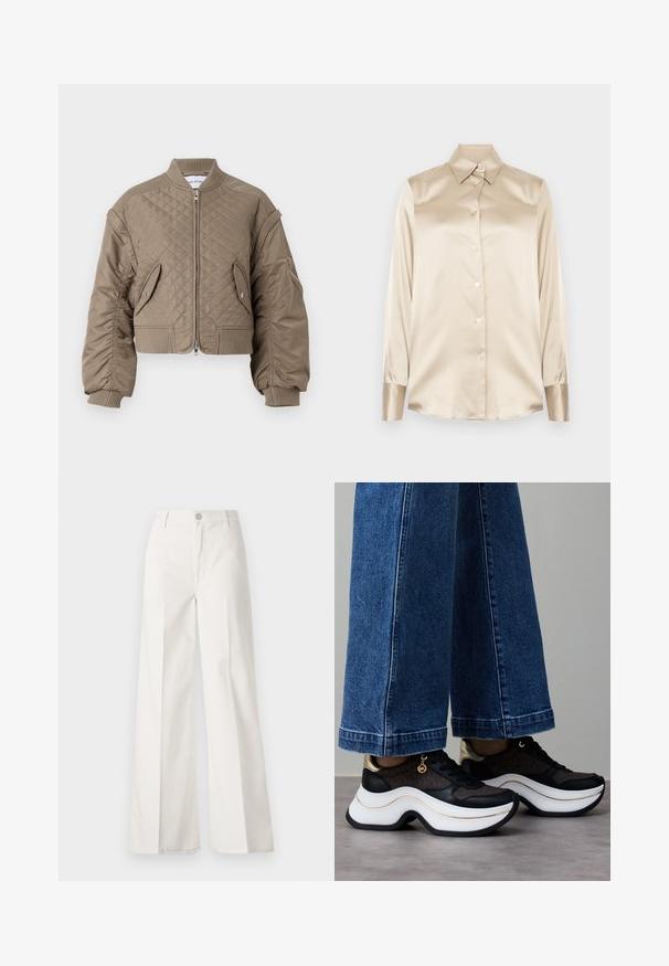 Quiltet bomberjakke i lysebrun med lynlås, ribbede ærmer og kant, to forlommer og en enkelt lynlåslomme på armen.; Beige satin skjorte med spids krave, lange ærmer, knaplukning og manchetter i en lidt glattere finish. Ingen mønstre eller detaljer.; Hvide vidde bukser lavet af bomuld med en glat tekstur. Har en frontknap, lynlås, og fire-lomme design.; Sorte og guld sneakers med en buet hvid sål. Tekstureret stof med logo-detaljer. Kombineret med brede blå denimbukser.