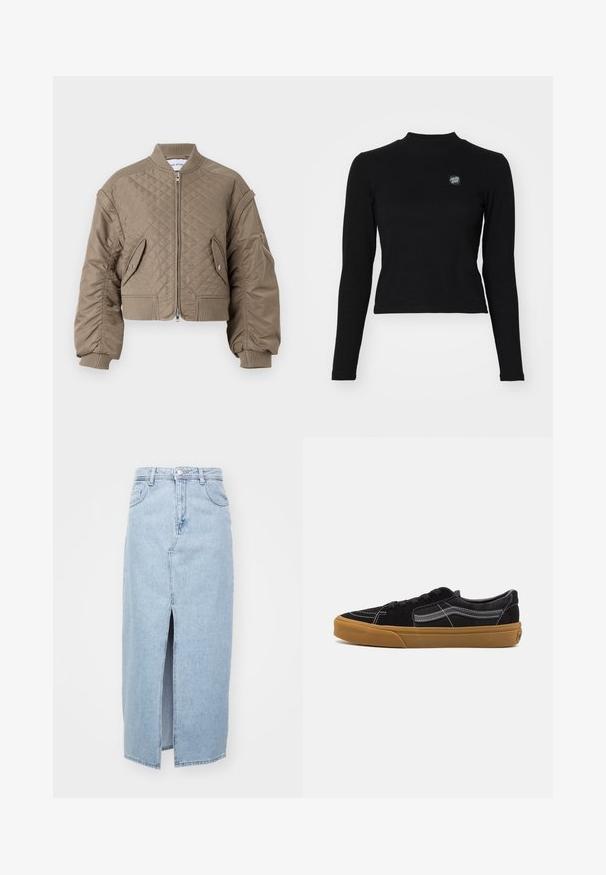 Gequilte bomberjack in lichtbruin met een ritssluiting, ribbel manchetten en onderrand, twee voorzakken en een enkele met rits afgesloten armzak.; Zwarte lange mouw top met een ribbelstructuur, hoge halslijn en een klein geborduurd logo op de linkerborst. Beschikt over een aansluitend cropped ontwerp.; Lichtblauwe denimrok met een voorkap, riemlussen en een klassieke vijf-pocket ontwerp. Soepele textuur met een nette afwerking.; Zwarte suède sneakers met witte stiksels en een kenmerkende zijstrip, voorzien van een tan rubberen zool en een low-top ontwerp. Geknoopt met zwarte veters.
