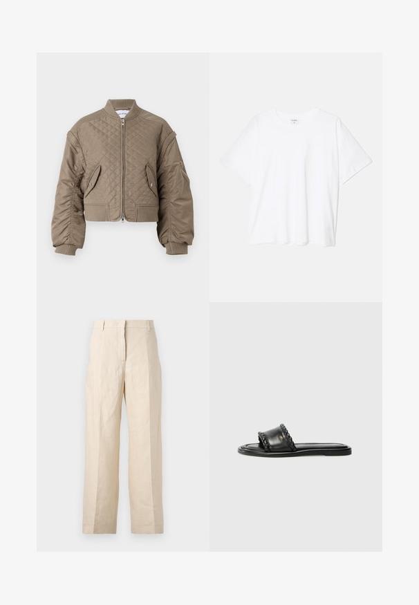 Kvalita bumbieru, gaišbrūns, ar rāvējslēdzēju, ribotām aprocēm un apakšmalu, divām priekšējām kabatām un vienu rāvējslēdzēja kabatu uz rokas.; Balta kokvilnas T-krekls ar īsām piedurknēm, apaļu dekoltē, brīva piegriezuma un šūtu apakšmalu. Etiķete redzama iekšējā kakla daļā.; Bežīgas lina bikses ar brīvu piegriezumu, krokām priekšā un taisnām kājām. Piedāvā jostu ar cilpiņām un bez redzamām kabatām.; Melnas ādas sandalītes ar austiem siksnu elementiem, plakana zole un elegants dizains. Gluda tekstūra un minimālistisks profils.