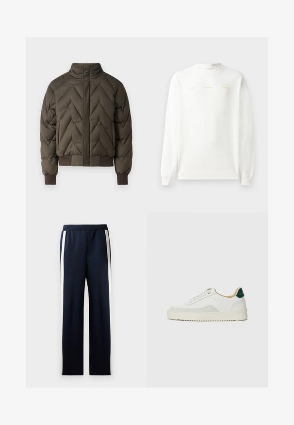 Olīvzaļš īsais pūkains žakets ar ribotām piedurknēm un apakšu, kuram ir zigzagā aizdare un augsts kakls. Gluda tekstūra, viegls.; Balts džemperis ar apaļu kakla izgriezumu, garām piedurknēm un ribotām aprocēm. Priekšpusē ir zeltā drukāts teksts: "HZW (25-26) HOLZWEILER THE SUN."; Jūras spēku pelēkās bikses ar platām kājām, akcentētas ar vertikālām krēmkrāsas svītrām pa malām. Izgatavotas no mīkstas, teksturētas auduma ar elastīgu jostu.; Baltas sneakers ar zamša akcentiem, noapaļota purngala, plakaniem auklām un krēmkrāsas gumijas zoli. Ar zaļu zīmolu uz papēža.