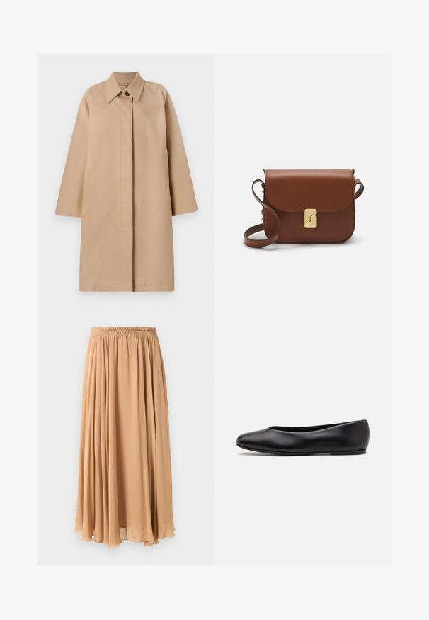 Casaco longo bege com gola, fecho de botão único, mangas largas e bolsos laterais. Tecido suave e design minimalista.; Sweater cropped de cor bege claro com gola alta com fecho, apresentando um padrão texturizado e mangas e bainha caneladas. Combina materiais tricotados e tecidos.; Saias maxi em bege claro, feitas de tecido leve. Apresenta um cós elástico franzido e pregas suaves para maior movimento.; Paul Smith TOPANGA - Sabrinas - black; Bolsa de couro castanho com fecho de aba, decoração em tom dourado, alça de ombro e textura suave. Formato retangular compacto.