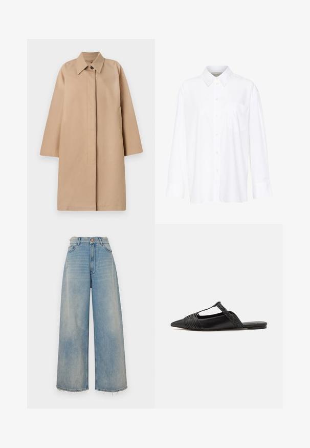 Beżowy długi płaszcz z kołnierzykiem, jednolitym zapięciem na guzik, luźnymi rękawami i bocznymi kieszeniami. Gładka tkanina i minimalistyczny design.; Biała, długosleeve'owa koszula z kołnierzykiem, wykonana z bawełny. Posiada zapięcie na guziki z przodu oraz jedną kieszeń na piersi. Gładka tekstura, luźny krój.; Jasnoniebieskie dżinsy typu wide-leg z postrzępionym dołem, pięcioma kieszeniami i zapięciem na guzik. Posiadają delikatne przetarcia z przodu.; Czarny skórzany but na odkrytej pięcie z pointed toe, ozdobiony plecionym akcentem i plisowanym wzorem górnej części. Płaska podeszwa z minimalnymi elementami.