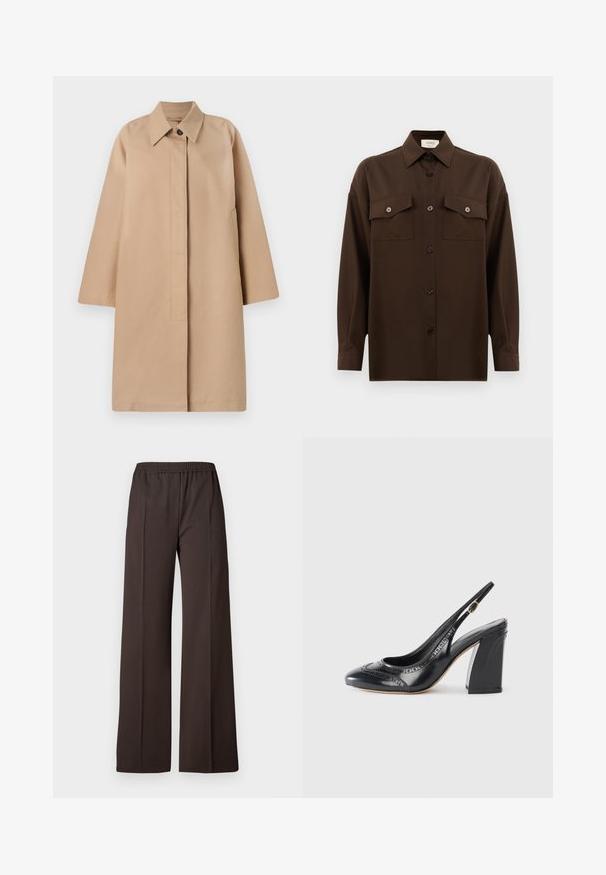 Bežinė ilga striukė su apykakle, viena mygtuko uždarymo, plačiomis rankovėmis ir šoninėmis kišenėmis. Lygus audinys ir minimalistinis dizainas.; Tamsiai rudas ilgarankovis mygtukų marškiniai su dviem kišenėmis ant krūtinės ir klasikiniais apykakle, pristatomas prieš paprastą baltą foną.; Tamsiai rudos spalvos plačios kelnių kelnės iš elastinės medžiagos, turinčios lygų paviršių ir švarias linijas, suteikiančias pritaikytą išvaizdą.; Juodas odinis slingback batelis su suapvalintu priekiniu apdailu, broguotais raštais ir blizgiu paviršiumi. Turi šiek tiek storą blokinį kulną ir šoninį sagtį.
