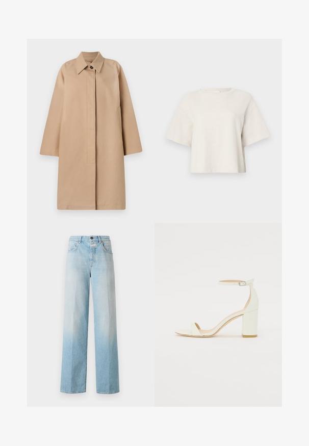 Beżowy długi płaszcz z kołnierzykiem, jednolitym zapięciem na guzik, luźnymi rękawami i bocznymi kieszeniami. Gładka tkanina i minimalistyczny design.; Kremowa krótka koszulka z miękkiego materiału o prążkowanej strukturze, z okrągłym dekoltem i krótkimi rękawami w luźnym kroju.; Jasnoniebieskie dżinsy typu wide-leg z wyblakłym gradientem, z klasycznym pięciokieszeniowym krojem i metalowym zapięciem na guzik.; Białe skórzane sandały na blokowym obcasie z paskiem wokół kostki z klamrą i minimalistycznym wzornictwem. Otwarty przód oraz gładkie tekstury na całej powierzchni.