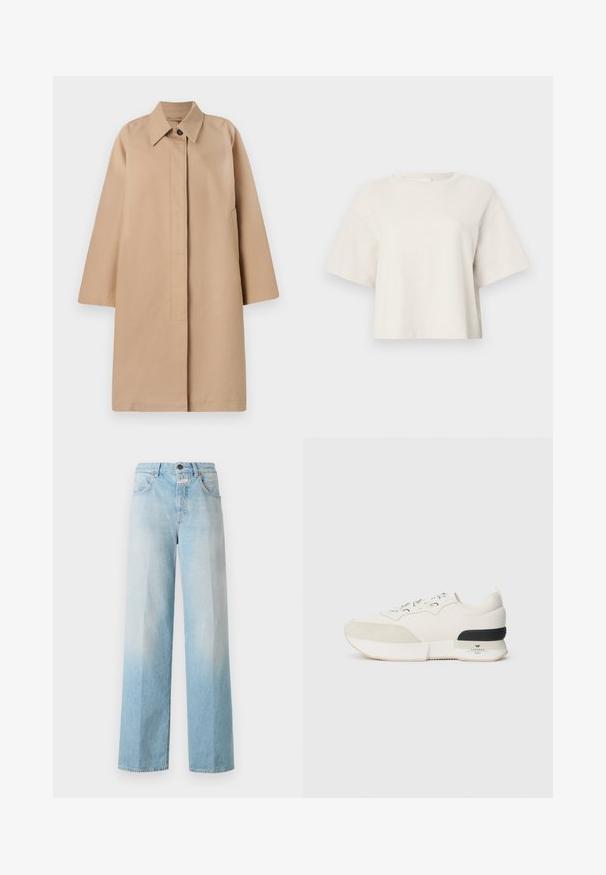 Beżowy długi płaszcz z kołnierzykiem, jednolitym zapięciem na guzik, luźnymi rękawami i bocznymi kieszeniami. Gładka tkanina i minimalistyczny design.; Kremowa krótka koszulka z miękkiego materiału o prążkowanej strukturze, z okrągłym dekoltem i krótkimi rękawami w luźnym kroju.; Jasnoniebieskie dżinsy typu wide-leg z wyblakłym gradientem, z klasycznym pięciokieszeniowym krojem i metalowym zapięciem na guzik.; Białe sneakersy z teksturowanym zamszowym noskiem, gładką siateczkową cholewką, dekoracyjnymi sznurowadłami oraz czarnym gumowym akcentem na pięcie.