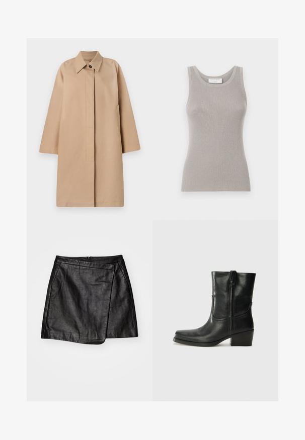 Beige pikk mantel kaelusega, ühe nööbi kinnitusega, laiad varrukad ja küljetaskud. Sile kangas ja minimalistlik disain.; Hall hallidega helehall tank top ümmarguse kaeluse ja laia õlarihmaga. Omab pehmet tekstuuri ja keha järgivat disaini. Brändi silt on nähtav.; Valge puuvillane pikkade varrukatega särk terava krae, nööbiga esise sulgemise ja ümarate äärtega. Sile tekstuur, regulaarne lõike ja ilma mustriteta.; Mustmust nahkmini seelik asümmeetrilise voldikuga disainiga, millel on sile tekstuur ja selja lukuga sulgemine.; Musta nahast pahkluu saabas ümarate varvastega, plokknäppu, külgsepa ja pealsetel õmblusest aktsentidega. Sile tekstuur, klassikaline disain.