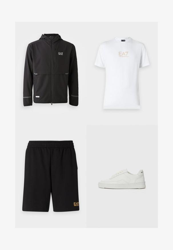 Jachetă neagră tip windbreaker, fabricată dintr-un material ușor. Are un fermoar frontal, glugă ajustabilă, accente argintii și logo-ul EA7 pe piept.; Tricou alb din bumbac, cu guler rotund și mâneci scurte, având un logo auriu EA7 Emporio Armani imprimat pe față.; Shorts atletici negri dintr-un material moale, având o talie elastică și un mic logo galben EA7 pe partea inferioară a piciorului stâng.; Sneakers din piele albă cu un finisaj neted, vârf rotund, șireturi plate și o talpă texturată. Prezintă un logo subtil pe călcâi.
