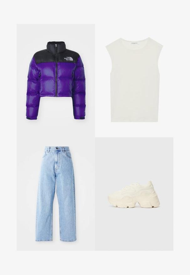 BesKåret lilla puffjacka med glänsande yta, svart nylonövre del, hög krage, dragkedjestängning och broderad logodetalj på bröstet.; Hvit ermeløs topp med rund hals. Laget av glatt stoff, har den en avslappet passform og minimalistisk design. Ingen mønstre eller detaljer.; Høytlivede lyseblå denimjeans med rette vide ben, frontknapp, glidelåslukking og lommer foran og bak.; Chunky hvite sneakers laget av teksturert mesh og syntetiske materialer, med en tykk såle og intrikate mønsterdetaljer langs sidene.