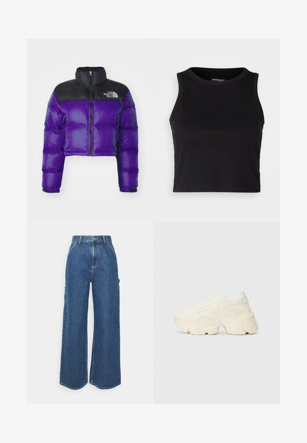 Rövidített lila dzseki fényes felülettel, fekete nylon felső résszel, magas gallérral, cipzáras záródással és hímezett logóval a mellkason.; Fekete bordás crop tank top kerek nyakkivágással és ujjtalan dizájnnal. Puha, rugalmas anyagból készült, tiszta, lekerekített szélű részletekkel.; Széles szárú, kék farmernadrág magas derékkal, kontrasztos varrással és oldalsó zsebekkel, klasszikus öt zsebes kialakítással és nyers szegéllyel.; Tömbös fehér sneakers, amely texturált hálóból és szintetikus anyagokból készült, vastag talppal és bonyolult mintázattal az oldalakon.
