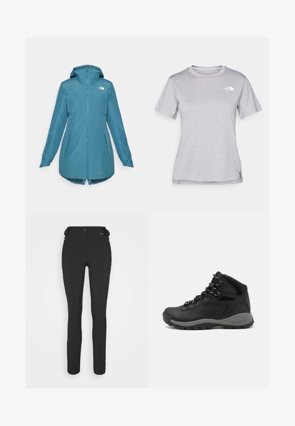 Teal vattentät jacka med huva, dragkedja framtill och två sidofickor. Har elastiska manschetter och en längre bakre fåll. Logotyp på övre vänstra sidan.; Grå kortärmad t-shirt i mjukt, fuktavledande tyg. Har en rund halsringning och en liten vit logotyp på övre vänstra sidan.; Svarta, åtsittande byxor tillverkade av ett flexibelt material. Funktioner inkluderar en ficka med dragkedja på sidan, artikulerade knän och en jämn yta.; Svart vandringskänga med mellanhög design, som har en texturerad överdel, grå accenter och en slitstark gummisula med greppklackar.