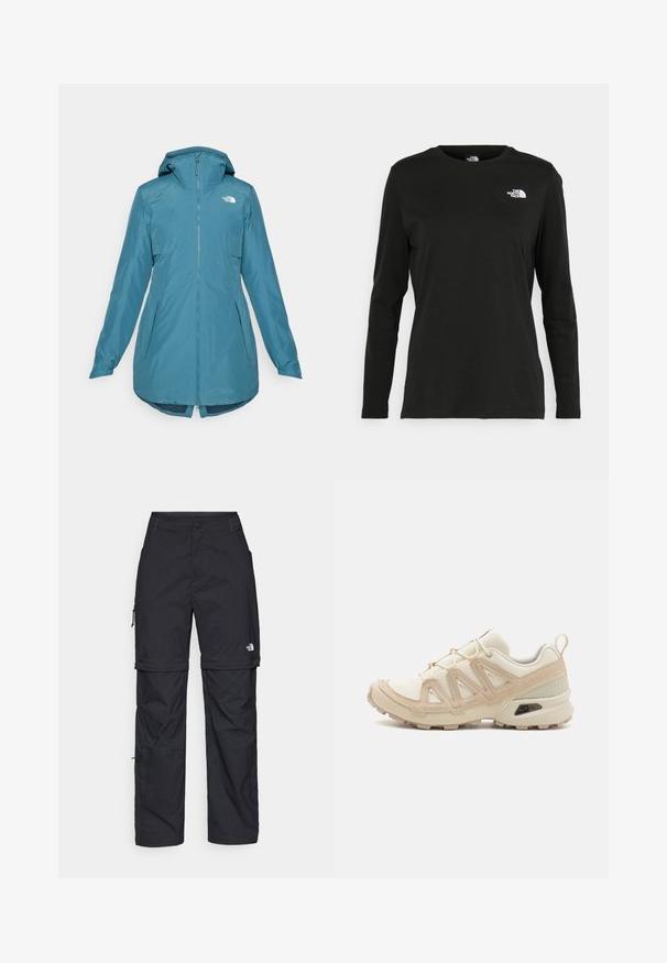 Cyan dežni jopič s kapuco, z zadrgo spredaj in dvema stranskima žepoma. Ima elastiko na manšetah in daljši zadnji rob. Logo na zgornji levi strani.; Črna majica z dolgimi rokavi iz bombaža z okroglo izrezom. Ima majhen bel logotip na levem prsnem delu. Enostaven dizajn in prileganje.; Črne najlon hlače z zipom, ki se lahko odstranijo, s prilagodljivimi manšetami, več žepi in logotipom na desni nogi. Gladka, lahka tekstura.; Bež in krem športni čevlji z teksturiranim mrežastim zgornjim delom, podpornimi prekrivali in gumijastim podplatom z vzorcem za oprijem.